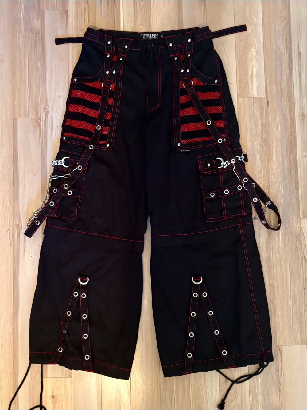 Tripp NYC Black Cargo Pants with Red Mesh & Contrast Stitching